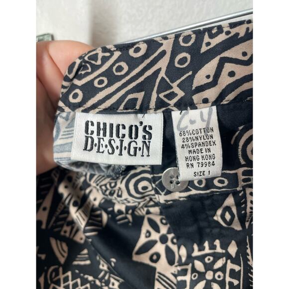 Vintage Chicos Design Cropped Capri Pants Tribal Print Black Tan Chico 1= Medium - Picture 3 of 4